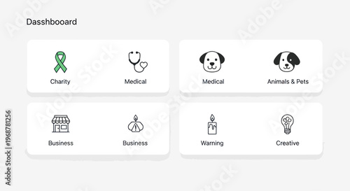 Digital Dashboard with Icons: Charity, Medical, Business, Animals, Warning, Creative