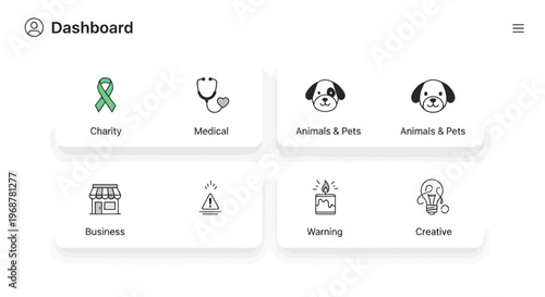 Digital Dashboard with Icons: Charity, Medical, Pets, Business, Learning, Creative
