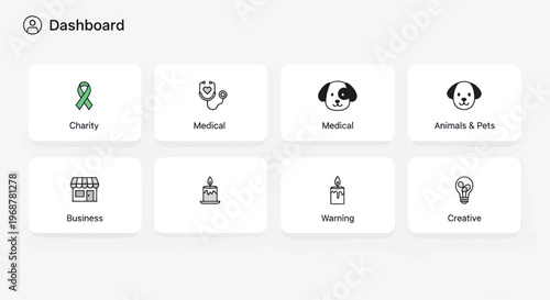 Dashboard with Icons: Business, Medical, Animals, Creative, Charity, Working
