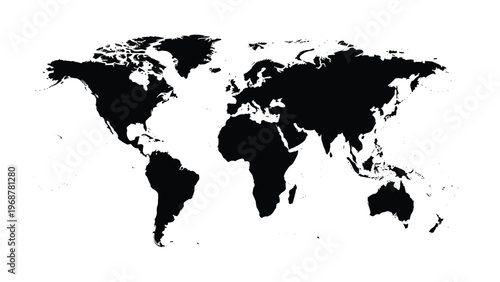 Solid black silhouette of the world map showing all continents isolated on a white background for global concepts.
