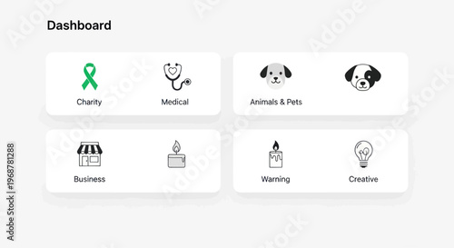 Dashboard with Icons: Charity, Medical, Animals, Business, Warning, Creative
