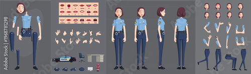 Female Police Officer Character Sheet for Animation Vector Law Enforcement Woman with Expressions, Poses, Mouth Shapes, and Props