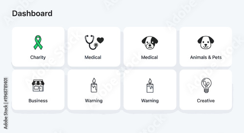 Dashboard with icons for charity, medical, business, pets, warning, and creativity