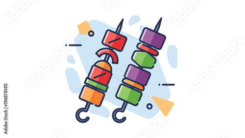 Colorful vector illustration of two delicious shish kebabs with grilled meat and fresh vegetables on skewers for a backyard barbecue.