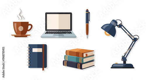 Desk Essentials: Laptop, Coffee, Books, Lamp, Pen, Notebook - Flat Design Icons