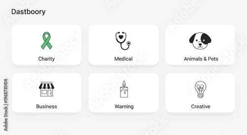 Dastboory App Interface: Icons for Charity, Medical, Pets, Business, Warning, Creative