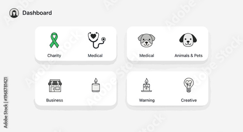 Dashboard with icons for charity, medical, business, animals, warning, and creative ideas