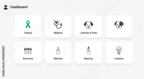Dashboard with icons for charity, medical, pets, business, wellness, warning, and creative