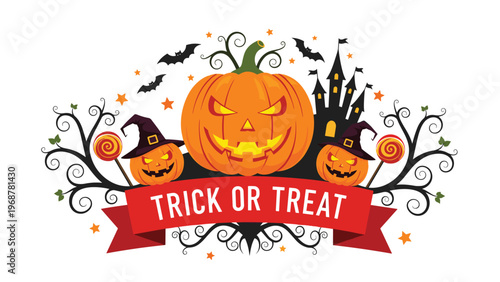 Halloween celebration banner with pumpkins, a haunted castle, bats, and lollipops with the text trick or treat.