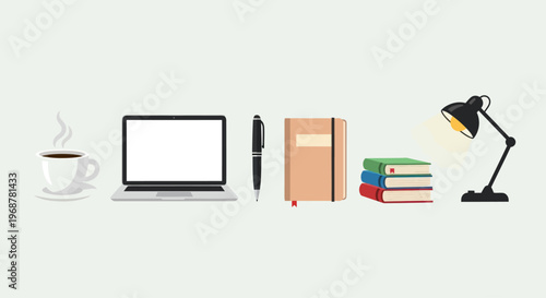 Desk Objects: Laptop, Coffee, Books, Lamp, Pen and Notebook - Flat Design