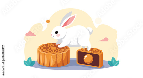 Graceful white rabbit jumping over mooncakes for the mid autumn festival celebration representing moon traditions.