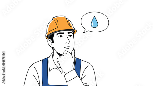 Plumber in overalls and a safety helmet thinking about a water leak represented by a droplet in a speech bubble.