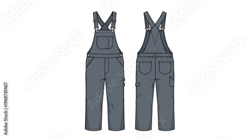 Technical flat sketch of front and back views of dark grey denim overalls featuring adjustable straps and multiple utility pockets.