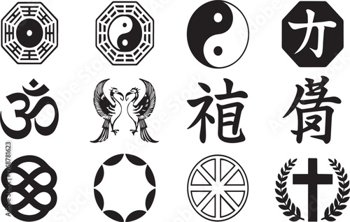 Black and white of diverse religious and cultural symbols and religious symbols cultural cross lotus