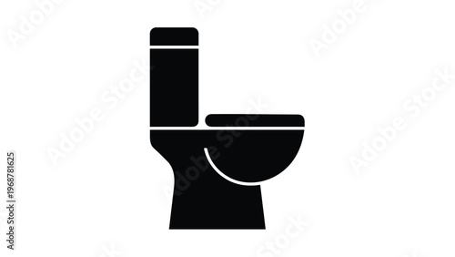 Minimalist solid black icon of a modern toilet bowl side view isolated on a white background for bathroom signage.