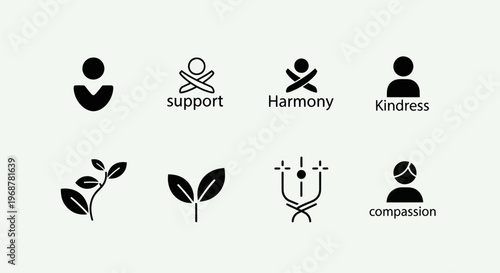 Humanity Icons: Support, Harmony, Kindness, Compassion, Growth, Nature