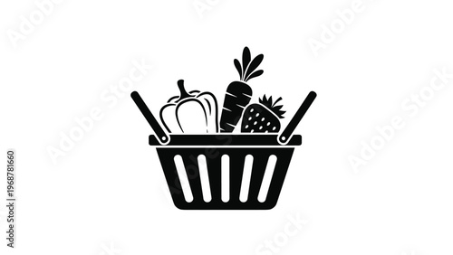 Black silhouette icon of a plastic shopping basket filled with fresh produce including a bell pepper, a carrot, and a strawberry.