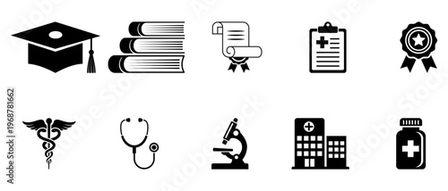 education medical icon set featuring graduation, book, diploma, clipboard, stethoscope, microscope, hospital, pharmacy symbols for learning healthcare study science