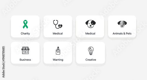 Icon Set: Charity, Medical, Business, Animals, Warning, Creative