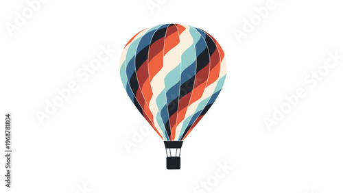 Vibrant hot air balloon with colorful spiral stripes flying against a white background for travel or adventure.