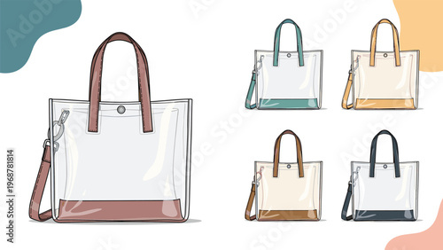 Collection of clear transparent tote bags with different colored handles and bases for fashion and product design.