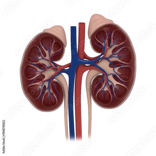 human kidney anatomy with blood vessels isolated on transparent background