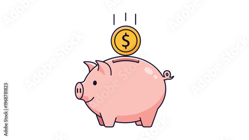 Cute pink piggy bank illustration with a shiny gold dollar coin being inserted into the slot to represent personal savings goals.