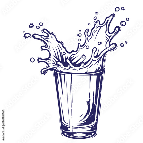 Dark blue ink line of a glass tumbler with a large liquid splash and floating bubbles isolated on a white background