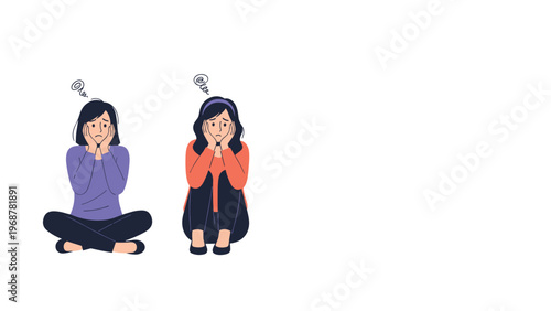 Worried women sitting on the floor express feelings of anxiety and stress while holding their faces in a flat character illustration style.
