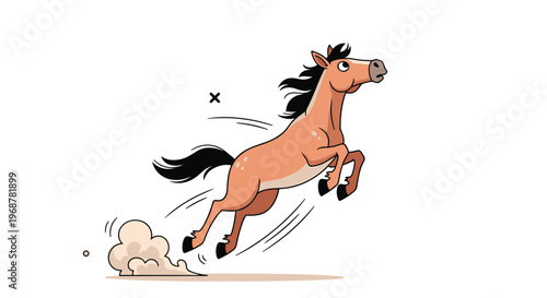 Energetic brown horse galloping through the air with a determined expression creating a dust cloud on a white background.