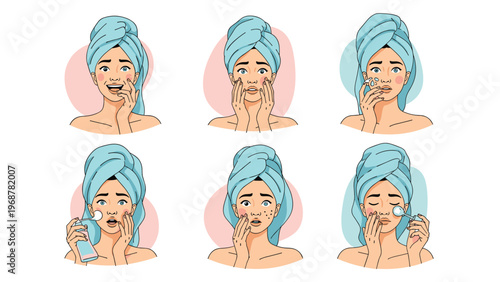 Set of illustrations showing a woman performing various steps of a facial skincare routine like cleansing, rolling, and moisturizing.