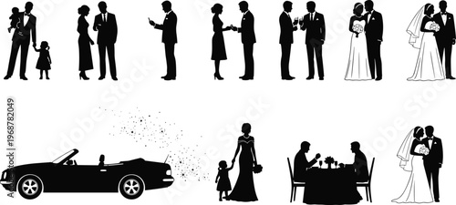 Wedding silhouettes, bride groom, family celebration, romantic couple, ceremony, reception, love, marriage, party, guests, car, bouquet, dining, embrace, 