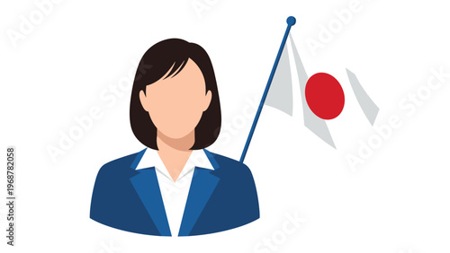 Professional female profile icon wearing a blue blazer with the flag of Japan placed in the background for international context.
