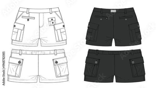 Technical fashion sketches of men cargo shorts shown in white outline and solid charcoal grey from both the front and back views.