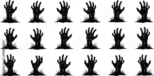Zombie hands silhouette, horror illustration, Halloween undead art, creepy claw shapes, graveyard rising scene, spooky eerie design, scary monster pattern