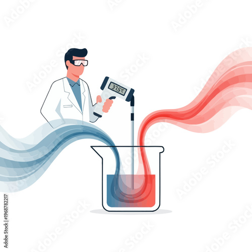 Scientist measures temperature of liquid in beaker with infrared thermometer, heat flow visualization
