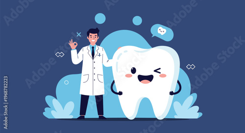Professional dentist standing next to a giant friendly tooth character showing an okay hand sign in a medical clinic setting.