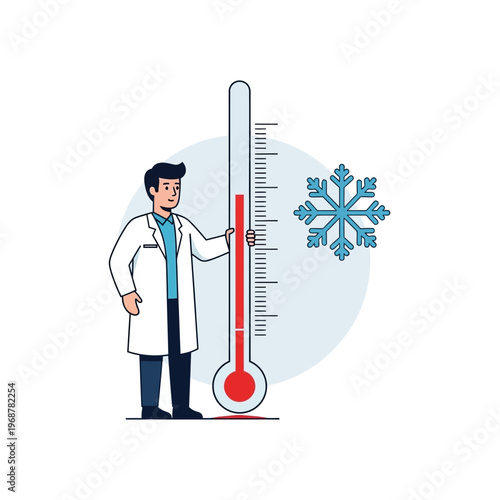 Scientist with Thermometer and Snowflake - Cold Temperature Concept