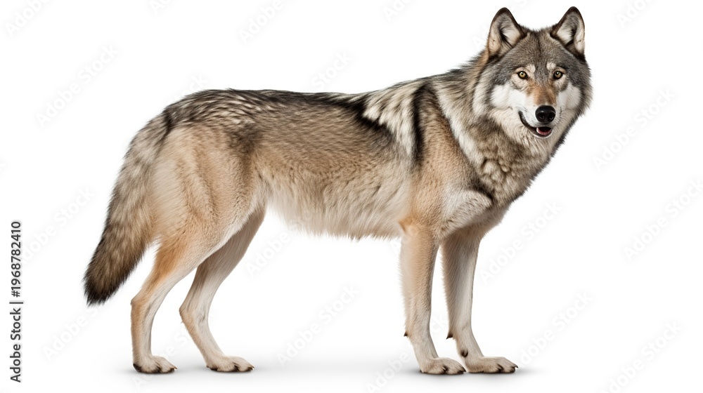 Fototapeta premium Standing Brown Wolf-Like Canid with Erect Ears and Thick Fur Against White Studio Background