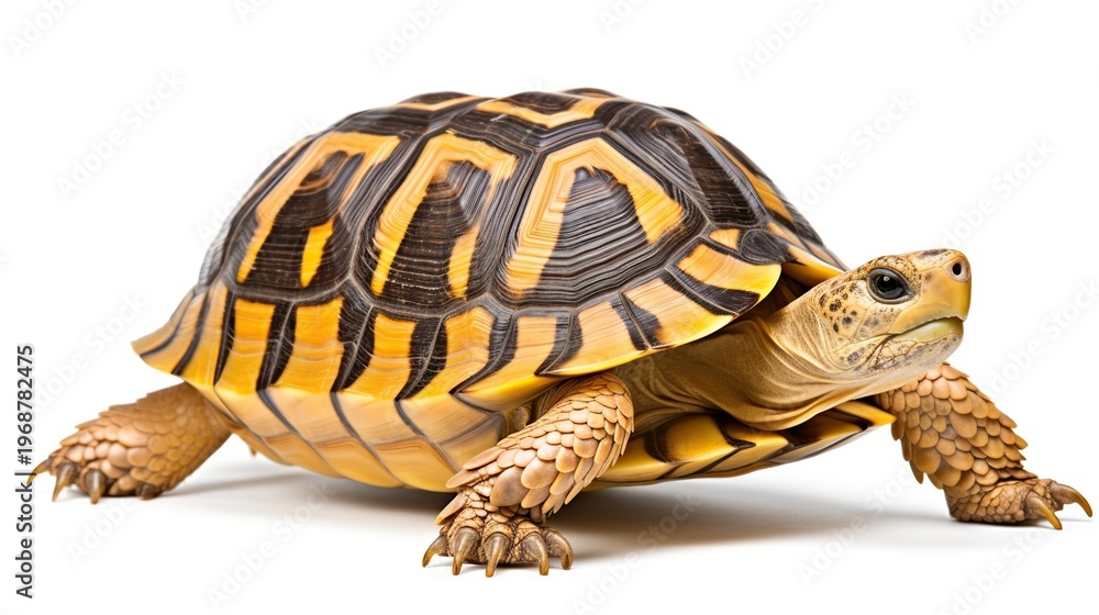 Obraz premium Striking yellow striped tortoise calmly posing on a pristine white studio background