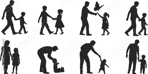 Black silhouette collection of diverse parents and children featuring fathers and mothers holding hands walking and playing together for family bonding concept illustration element.