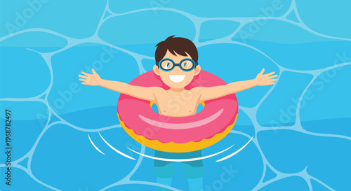 Happy young boy wearing goggles and floating in a swimming pool with a bright pink and yellow inner tube during summer.