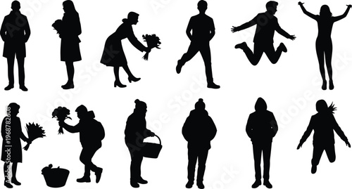 Black silhouette collection of diverse people jumping in celebration holding flower bouquets and walking in winter clothes isolated on white background for lifestyle concept.