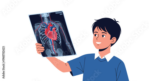 Curious young boy holding and examining an X-ray film showing the human heart and vascular system with interest.