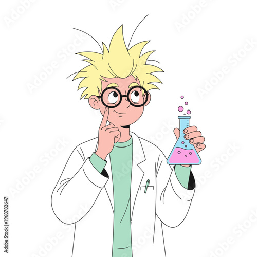 Curious boy scientist with wild hair, glasses, holding bubbling pink liquid in flask.