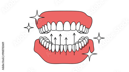 Dental diagram showing teeth alignment correction with vertical arrows and sparkling stars to represent a perfect smile and oral health.