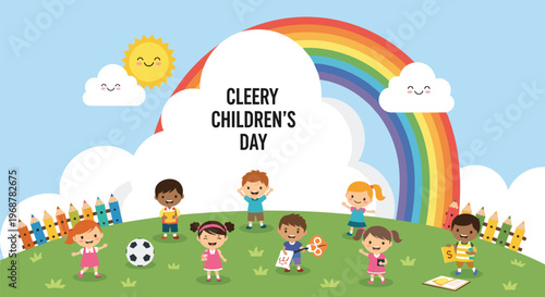 Group of cheerful children playing and learning in a green field under a beautiful rainbow to celebrate a special children's day event.