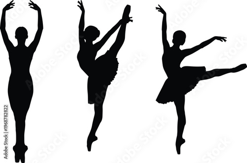 Ballet dancer silhouettes, elegant dance poses, classical performance artwork, graceful motion illustration, artistic choreography design, cultural dance theme, flexibility discipline