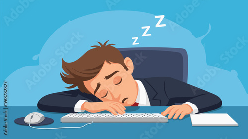 Tired man in a dark suit sleeping soundly at his office desk with his head resting on his arms representing work exhaustion and burnout.