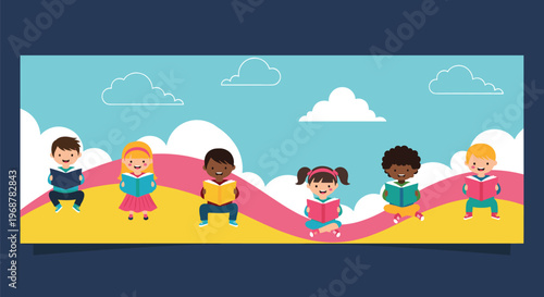 Group of diverse children sitting on colorful hills and reading books together under a clear blue sky in a park.